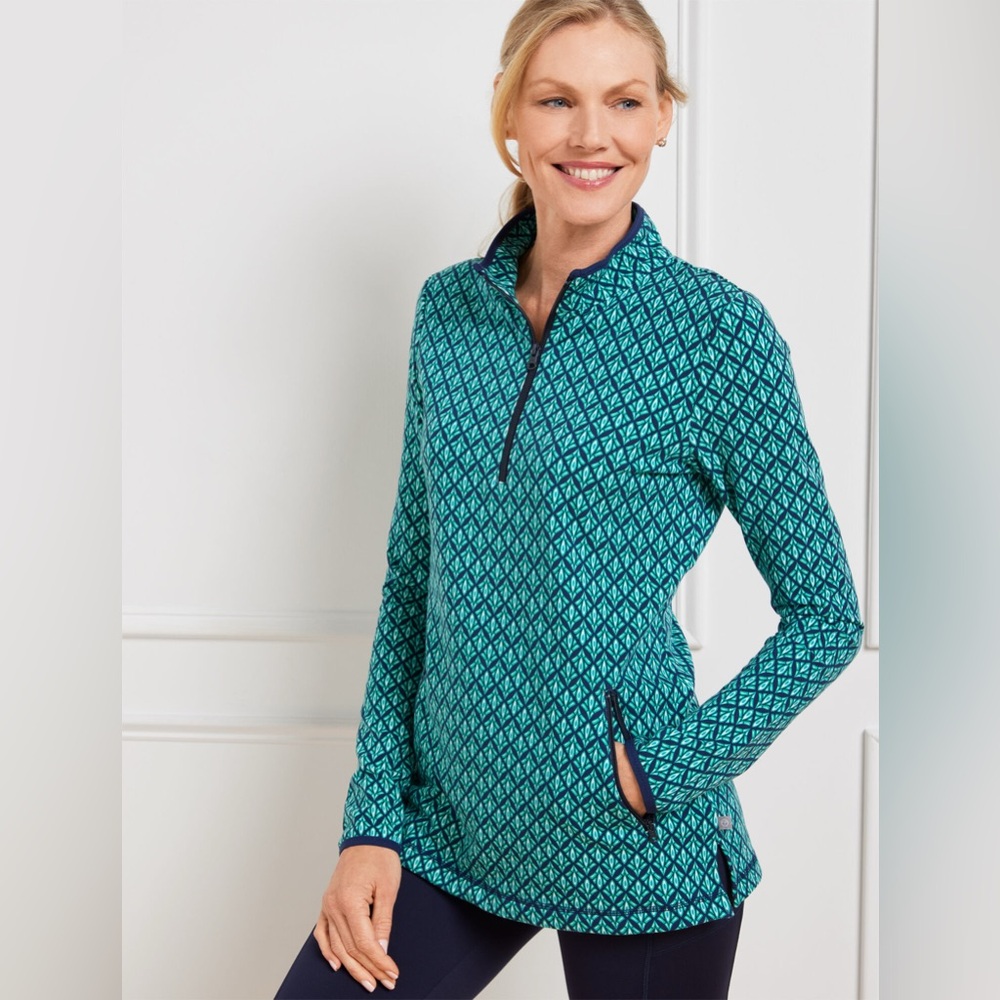 Talbots Half Zip Green and Blue Pullover in Delicate Geo Size MP Sporty Active